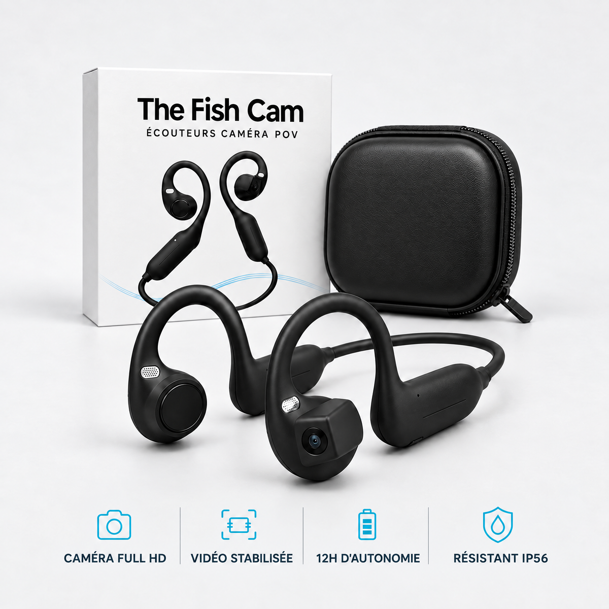 Écouteurs caméra The Fish Cam noir avec étui